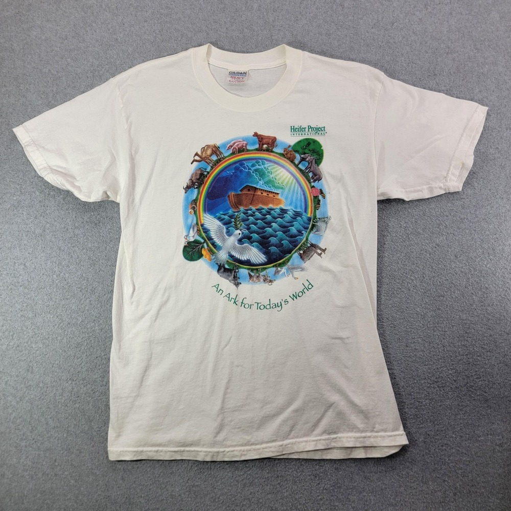Gildan Shirt Mens Medium White Noah's Ark Heifer Project Graphic Tee Religious - Picture 1 of 8